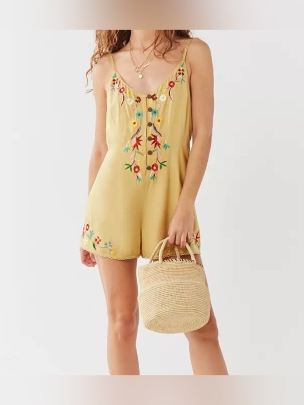 Urban outfitters|Bella Floral Embroidered Button down romper in mustard Yellow•